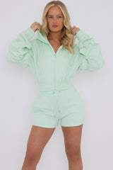 Cropped Zip Up Ruched Sleeve Hoodie & Shorts Fleece Co-ord
