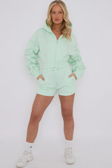 Cropped Zip Up Ruched Sleeve Hoodie & Shorts Fleece Co-ord
