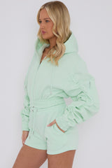 Cropped Zip Up Ruched Sleeve Hoodie & Shorts Fleece Co-ord