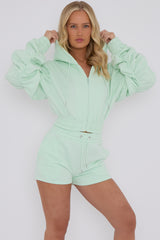 Cropped Zip Up Ruched Sleeve Hoodie & Shorts Fleece Co-ord