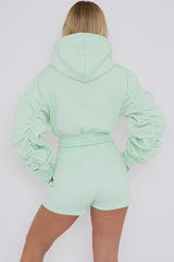 Cropped Zip Up Ruched Sleeve Hoodie & Shorts Fleece Co-ord