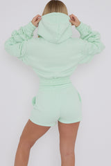 Cropped Zip Up Ruched Sleeve Hoodie & Shorts Fleece Co-ord