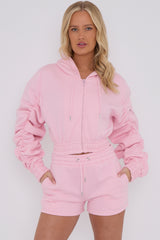 Cropped Zip Up Ruched Sleeve Hoodie & Shorts Fleece Co-ord