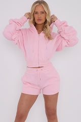 Cropped Zip Up Ruched Sleeve Hoodie & Shorts Fleece Co-ord