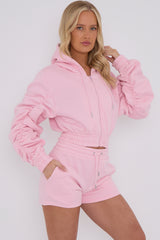 Cropped Zip Up Ruched Sleeve Hoodie & Shorts Fleece Co-ord
