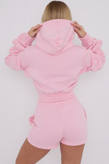 Cropped Zip Up Ruched Sleeve Hoodie & Shorts Fleece Co-ord