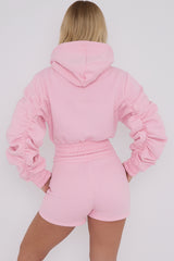 Cropped Zip Up Ruched Sleeve Hoodie & Shorts Fleece Co-ord