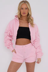 Cropped Zip Up Ruched Sleeve Hoodie & Shorts Fleece Co-ord