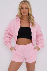 Cropped Zip Up Ruched Sleeve Hoodie & Shorts Fleece Co-ord