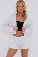 Cropped Zip Up Ruched Sleeve Hoodie & Shorts Fleece Co-ord