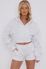 Cropped Zip Up Ruched Sleeve Hoodie & Shorts Fleece Co-ord