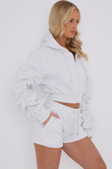 Cropped Zip Up Ruched Sleeve Hoodie & Shorts Fleece Co-ord