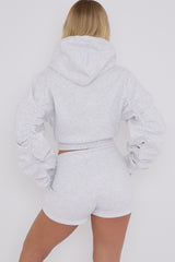 Cropped Zip Up Ruched Sleeve Hoodie & Shorts Fleece Co-ord