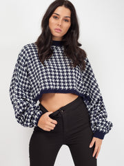 Olivia Hounds-Tooth Cropped Batwing Knitted Jumper