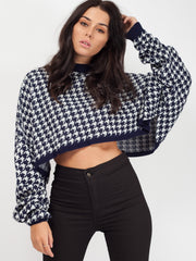 Olivia Hounds-Tooth Cropped Batwing Knitted Jumper