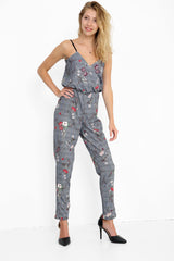 Floral Gingham Check Wrap Over Jumpsuit