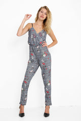 Floral Gingham Check Wrap Over Jumpsuit