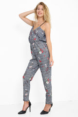 Floral Gingham Check Wrap Over Jumpsuit