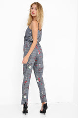 Floral Gingham Check Wrap Over Jumpsuit