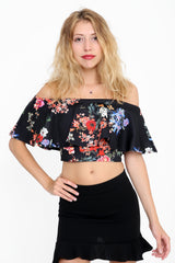 Floral Print Frill Bardot Crop Top