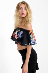 Floral Print Frill Bardot Crop Top