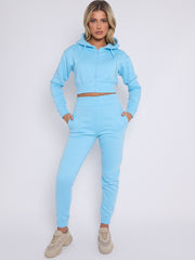 Zip Up Cropped Hoodie & Jogger Fleece Tracksuit