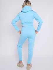 Zip Up Cropped Hoodie & Jogger Fleece Tracksuit