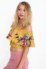 Floral Print Frill Bardot Crop Top