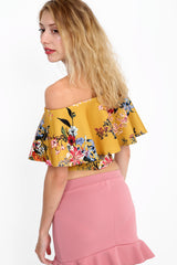 Floral Print Frill Bardot Crop Top