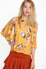 Floral Print Cold Shoulder Crepe Top