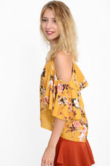 Floral Print Cold Shoulder Crepe Top