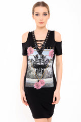 Lace Up Eyelet Paradise Print Longline T Shirt Dress