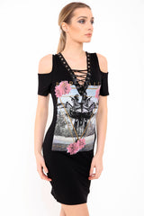 Lace Up Eyelet Paradise Print Longline T Shirt Dress