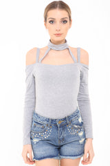 Cold Shoulder Choker Neck Strappy Bodysuit
