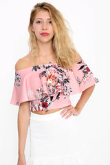Floral Print Frill Bardot Crop Top