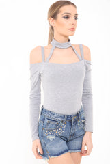 Cold Shoulder Choker Neck Strappy Bodysuit