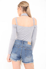 Cold Shoulder Choker Neck Strappy Bodysuit