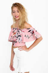 Floral Print Frill Bardot Crop Top