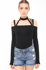 Cold Shoulder Choker Neck Strappy Bodysuit