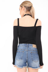 Cold Shoulder Choker Neck Strappy Bodysuit
