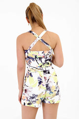 Cross Back Padded Bust Tropical Print Playsuit