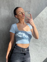 Square Neck Ruched Front Ribbed Crop Top