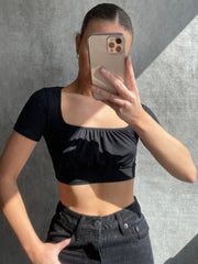 Square Neck Ruched Front Ribbed Crop Top