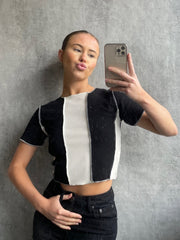 Two Tone Stitch Detail Ribbed Top