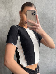 Two Tone Stitch Detail Ribbed Top