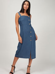 Wide Strap Button Front Denim Dress