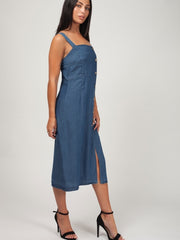 Wide Strap Button Front Denim Dress