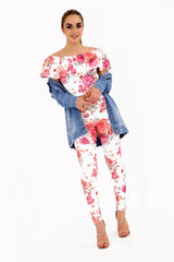 Floral Print Bardot Crop Top And Bottom Set
