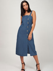 Wide Strap Button Front Denim Dress