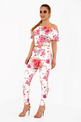 Floral Print Bardot Crop Top And Bottom Set